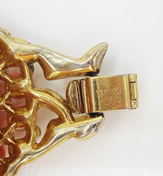 Crown Trifari Bracelet Chunky Links Faux Coral and Pearl Cabochons Gold Tone 7"