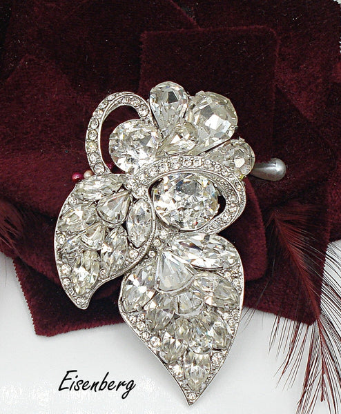 Eisenberg 2 5/8" Brooch Elegant Design Silver Tone Crystal Rhinestones