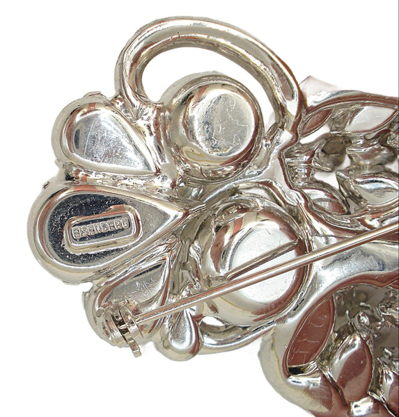 Eisenberg 2 5/8" Brooch Elegant Design Silver Tone Crystal Rhinestones