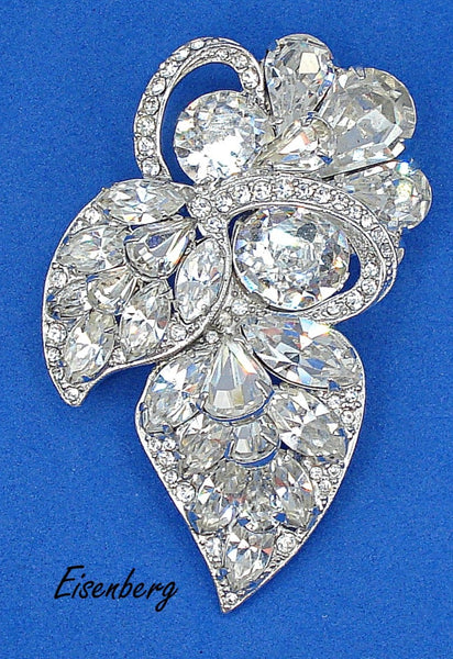 Eisenberg 2 5/8" Brooch Elegant Design Silver Tone Crystal Rhinestones