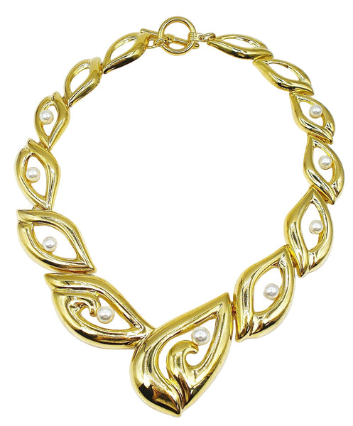 90's Chunky Necklace Shiny Gold Tolne Open Work Toggle Clasp White Faux Pearls