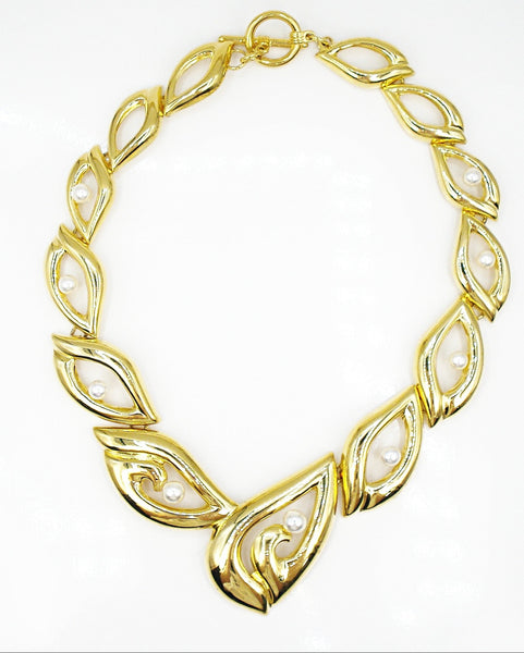 90's Chunky Necklace Shiny Gold Tolne Open Work Toggle Clasp White Faux Pearls