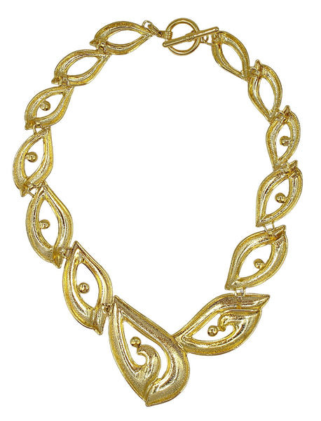90's Chunky Necklace Shiny Gold Tolne Open Work Toggle Clasp White Faux Pearls