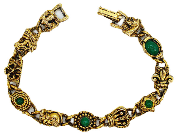 Victorian Revival Bracelet Charm Horses Fleur de Lis Crown Soldier Green Stones