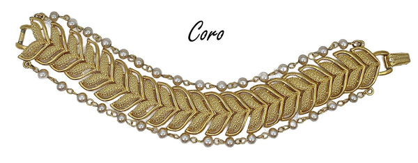 Coro Bracelet Textured Chevron Gold Tone 2 Pearl Chain Accents 7" x 1"