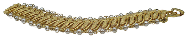 Coro Bracelet Textured Chevron Gold Tone 2 Pearl Chain Accents 7" x 1"