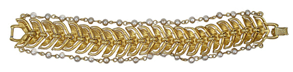 Coro Bracelet Textured Chevron Gold Tone 2 Pearl Chain Accents 7" x 1"