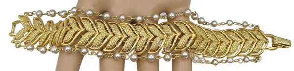 Coro Bracelet Textured Chevron Gold Tone 2 Pearl Chain Accents 7" x 1"