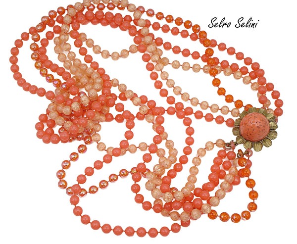 Selro Selini 6 Strand Necklace Asst. Orange Acrylic Beads 24" Flower Clasp