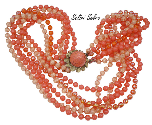Selro Selini 6 Strand Necklace Asst. Orange Acrylic Beads 24" Flower Clasp