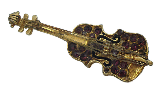 2" Signed Violin Brooch Pin Gold Tone Amethyst Rhinestones