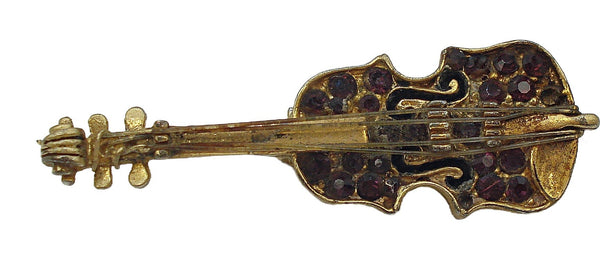2" Signed Violin Brooch Pin Gold Tone Amethyst Rhinestones
