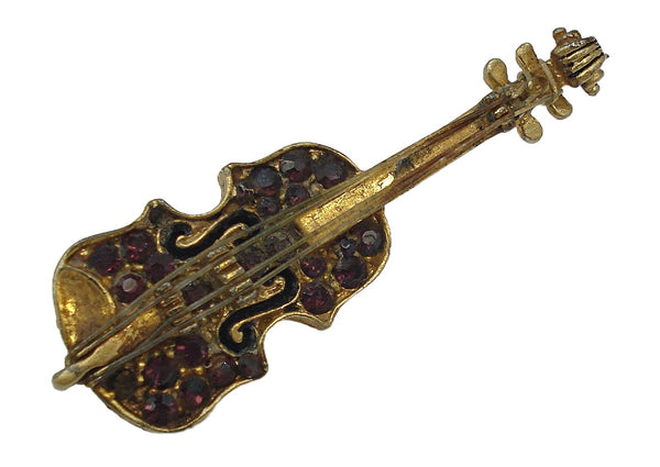 2" Signed Violin Brooch Pin Gold Tone Amethyst Rhinestones