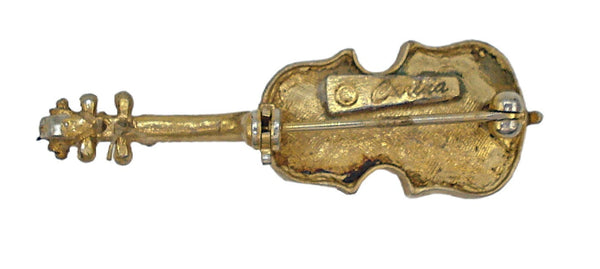 2" Signed Violin Brooch Pin Gold Tone Amethyst Rhinestones