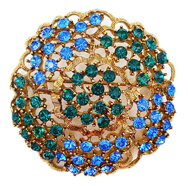 Signed Brooch 2" Sapphire Emerald Rhinestones Round Gold Tone Ruffled Domed