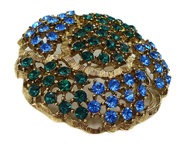 Signed Brooch 2" Sapphire Emerald Rhinestones Round Gold Tone Ruffled Domed