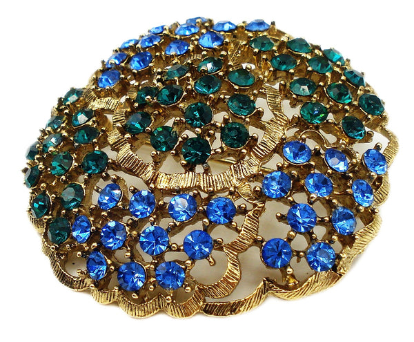 Signed Brooch 2" Sapphire Emerald Rhinestones Round Gold Tone Ruffled Domed