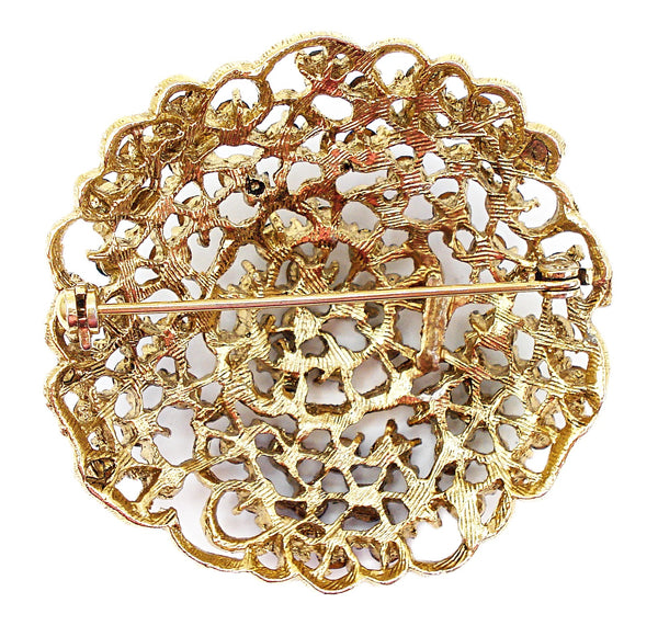 Signed Brooch 2" Sapphire Emerald Rhinestones Round Gold Tone Ruffled Domed