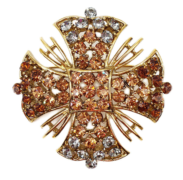 Signed Brooch Maltese Cross 2 1/4" Black Diamond Smoked Topaz Rhinestones