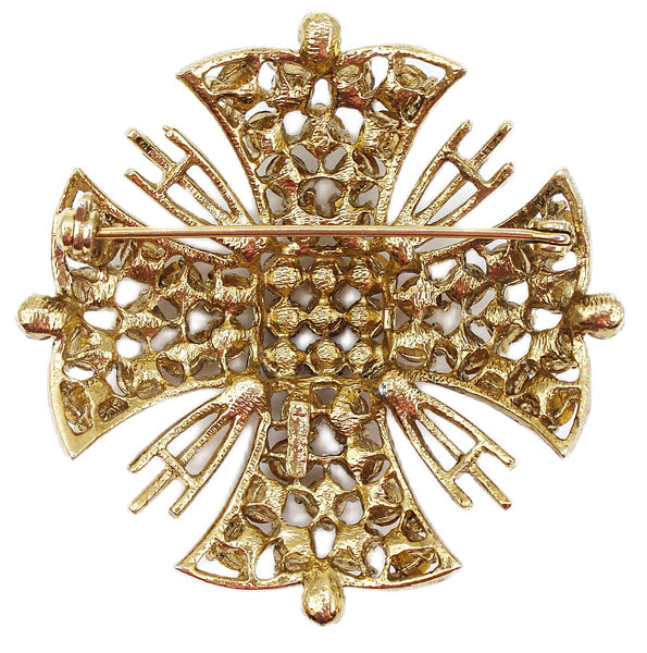 Signed Brooch Maltese Cross 2 1/4" Black Diamond Smoked Topaz Rhinestones