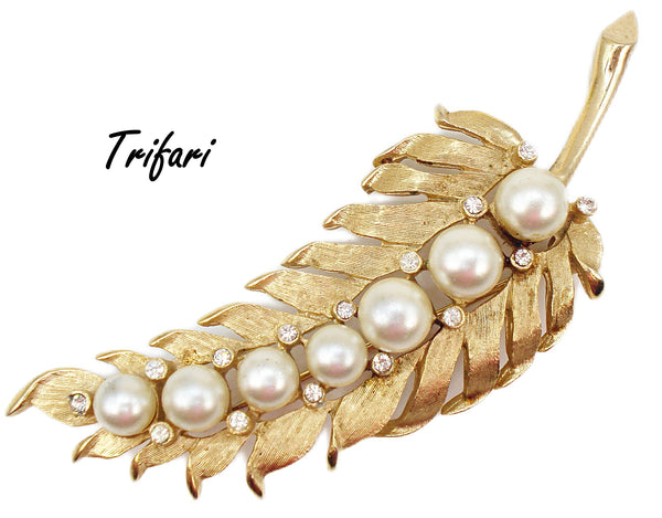 Trifari 3.5" Brooch Long Textured Leaf White Faux Pearls Crystal Rhinestone Accents