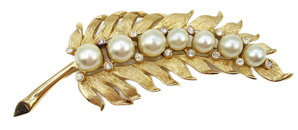 Trifari 3.5" Brooch Long Textured Leaf White Faux Pearls Crystal Rhinestone Accents