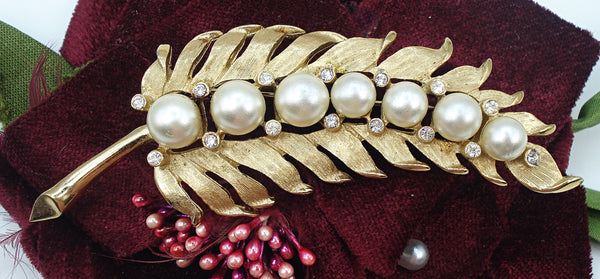 Trifari 3.5" Brooch Long Textured Leaf White Faux Pearls Crystal Rhinestone Accents