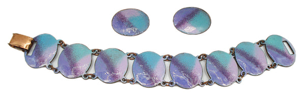 Bracelet Earring Set Copper Plated Abstract Purple Green Enamels 7" x 1"