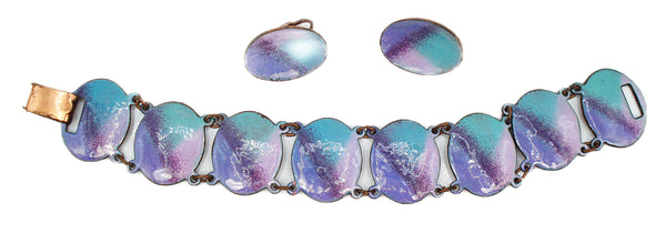 Bracelet Earring Set Copper Plated Abstract Purple Green Enamels 7" x 1"