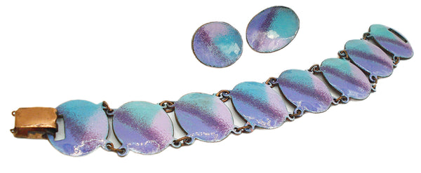 Bracelet Earring Set Copper Plated Abstract Purple Green Enamels 7" x 1"
