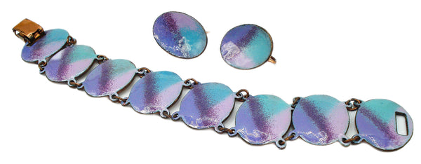 Bracelet Earring Set Copper Plated Abstract Purple Green Enamels 7" x 1"