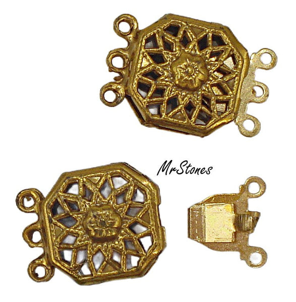3 Strand Box Tongue Clasp Gold Tone Filigree Finding