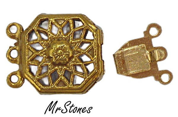 3 Strand Box Tongue Clasp Gold Tone Filigree Finding