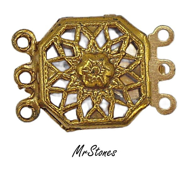 3 Strand Box Tongue Clasp Gold Tone Filigree Finding
