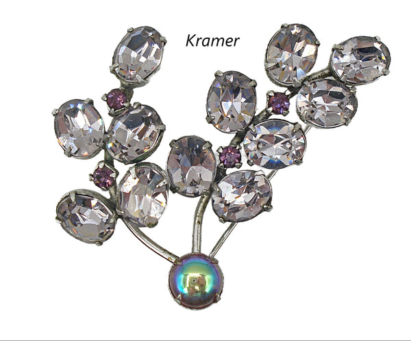 Kramer Brooch Silver Tone Prong Set Amethyst Variety 2.5"