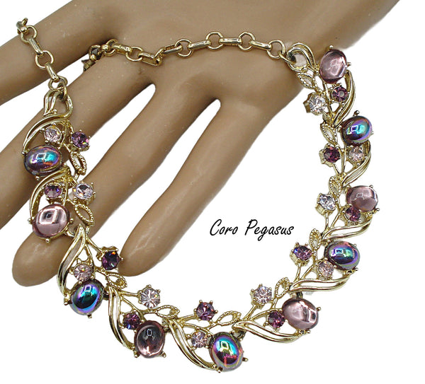 Coro Pegasus Choker Necklace Amethyst Variety Gold Tone 17" x 3/4"
