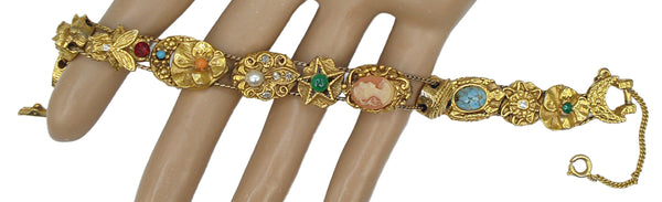 Unsigned Goldette Slide Charm Bracelet Gold Tone Assorted Stones 7" x 1/2"
