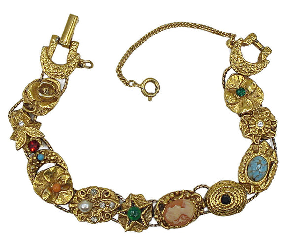 Unsigned Goldette Slide Charm Bracelet Gold Tone Assorted Stones 7" x 1/2"