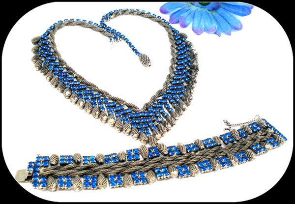 Hobe' ? Unsigned Mesh Capri Blue Rhinestone Necklace Bracelet Statement Set
