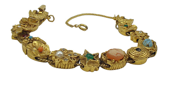 Unsigned Goldette Slide Charm Bracelet Gold Tone Assorted Stones 7" x 1/2"