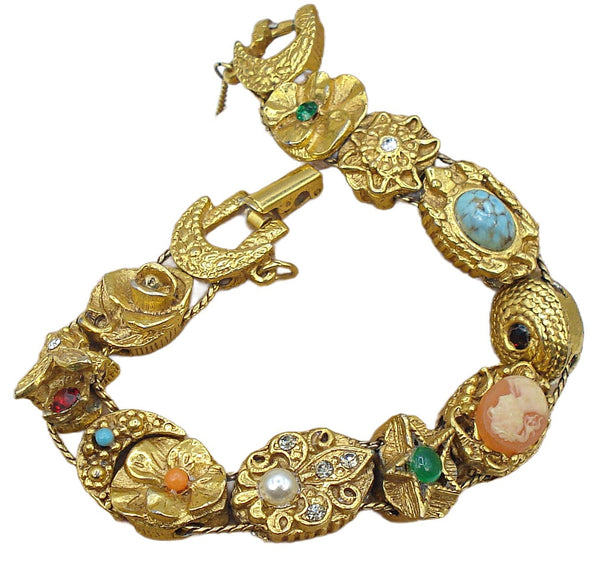 Unsigned Goldette Slide Charm Bracelet Gold Tone Assorted Stones 7" x 1/2"