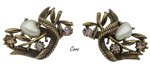 Coro Earrings Antiqued Gold Tone Faux Pearls Light Amethyst Rhinestones 1 1/4"