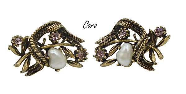 Coro Earrings Antiqued Gold Tone Faux Pearls Light Amethyst Rhinestones 1 1/4"