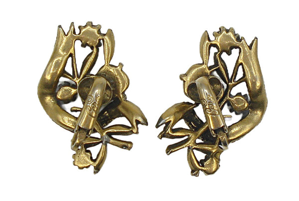 Coro Earrings Antiqued Gold Tone Faux Pearls Light Amethyst Rhinestones 1 1/4"