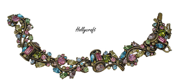 Hollycraft Bracelet Pastel Assorted Rhinetones Antq. Gold Tone 7" x 3/4"
