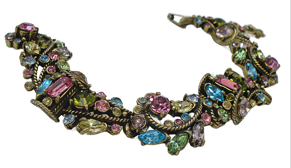 Hollycraft Bracelet Pastel Assorted Rhinetones Antq. Gold Tone 7" x 3/4"