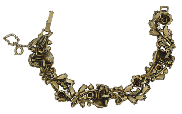 Hollycraft Bracelet Pastel Assorted Rhinetones Antq. Gold Tone 7" x 3/4"