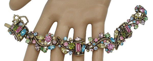 Hollycraft Bracelet Pastel Assorted Rhinetones Antq. Gold Tone 7" x 3/4"