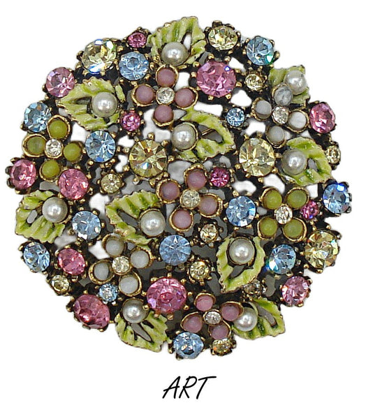 Signed ART Brooch 2" Multi Color Stones Flowers Gold Tone