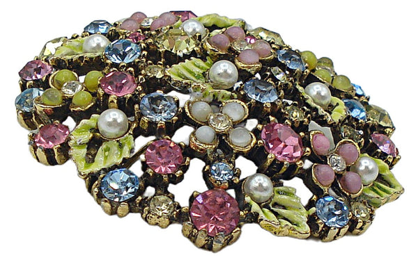 Signed ART Brooch 2" Multi Color Stones Flowers Gold Tone
